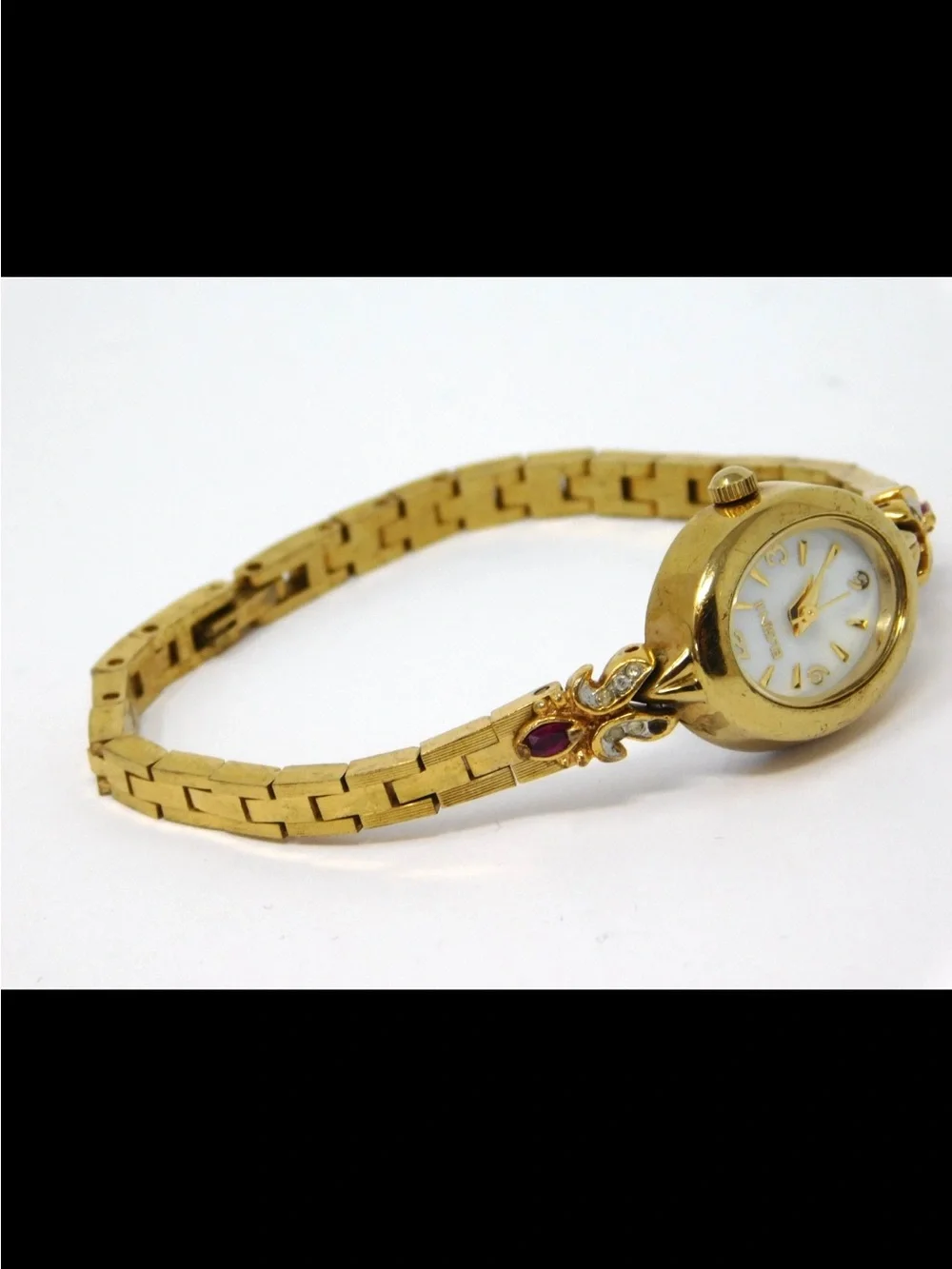 Elgin Women's Watch Ell02 White Dial Gold Ruby Red Accent Ladies Fancy Formal 6